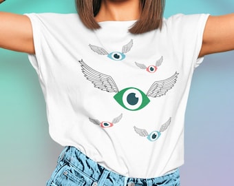 Weirdcore flying eyes graphic tees, Dreamcore wings t shirts, Goth alt clothing tshirts, Goblincore creepy top, Trendy rave clothes, t-shirt