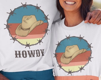 Cowboy hoed grafische T-shirts, Country western tshirts, Howdy cowgirl t-shirts, Ranch boer tops, Hippische t-shirts, Rodeo paarden esthetiek