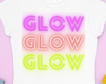 GLOW" neon sign t shirts, jaren '90 retro tshirts, jaren '80 nostalgie grafische T-shirts, Trampoline party goodies, Skater dance party, Skater neon party t's