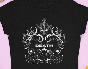 Death corporate goth graphic tees, Creepy gothic clothing, Goblincore t shirts, 90s nostalgia tshirts, Mall goth tops, Retro e girl t-shirts
