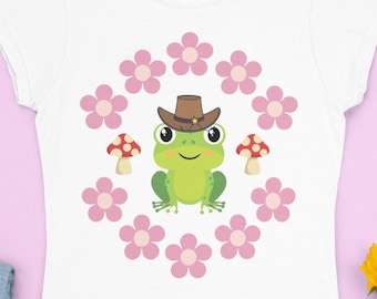 Cowboy frog graphic tees, Cute froggy t shirts, Cottagecore mushroom tshirts, Hippie flower trendy tops, Goblincore toad t-shirts, Fairycore