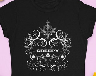 Creepy corporate goth graphic tees, gothic clothing, goblincore t shirts, 90s nostalgia tshirts, retro mall goth tops, e girl horror t-shirt