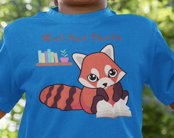 Well red panda kids graphic tees, Bookish geek childrens t shirts, Spirit animal trendy tshirts, Dark academia tops, Library t-shirts, Bear