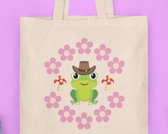 Cowboy kikker draagtas, schattige kikkerrugzak, Hippie bloemenschoudertas, Cottagecore paddenstoeltas, Goblincore foerageertas, trendy schooltas