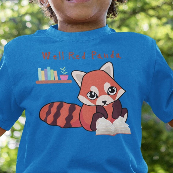 Well red panda kids graphic tees, Bookish geek childrens t shirts, Spirit animal trendy tshirts, Dark academia tops, Library t-shirts, Bear