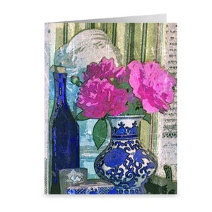 Roze pioenboeket wenskaarten boxed set, Chinoiserie vaas 10 pak kaarten, Oosterse gember potten stationair, Fuschia bloemen briefpapier