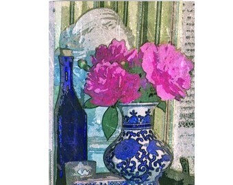 Roze pioenboeket wenskaarten boxed set, Chinoiserie vaas 10 pak kaarten, Oosterse gember potten stationair, Fuschia bloemen briefpapier