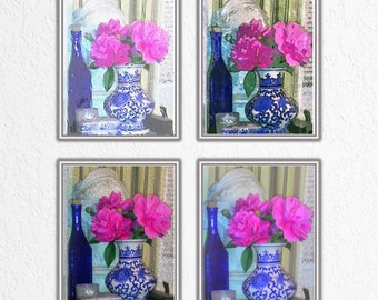 Roze pioenboeket galerij kunst aan de muur set, Mottahedeh Oosterse gember pot botanische print, Chinoiserie vaas set van 4, Downloadable, Afdrukbare