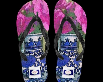Pink peony bouquet spa sandals, Mottahedeh chinoiserie vase flip flops, Oriental ginger jar sandles, Summer blossom flipflop, Fuschia flower