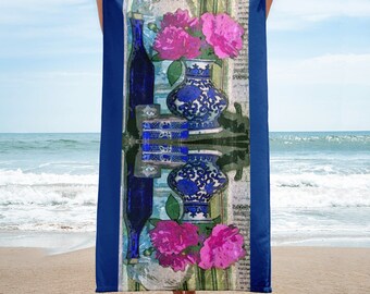 Pink peony bouquet large beach towel, Mottahedeh chinoiserie vase pool towel, Oriental ginger jar bath towel, Summer blossom botanical print