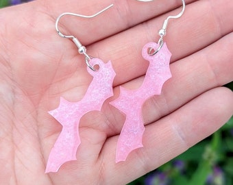 Pearlescent Pink Bat Earrings, Halloween Resin Dangle Earrings