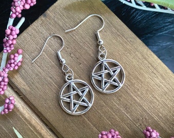 Silver Pentagram Dangle Earrings, Witchy Jewelry