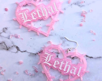 Pastel Pink Barbed Wire Heart Earrings, Lethal Goth Resin Jewelry