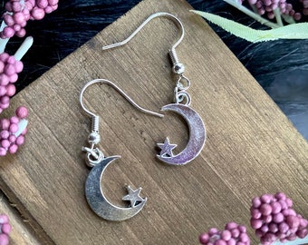 Silver Moon and Star Dangle Earrings, Celestial Jewelry