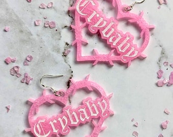 Barbed Wire Heart Earrings, Pastel Pink Resin Crybaby Earrings
