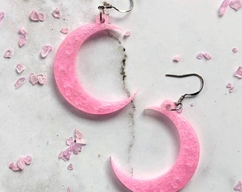 Pastel pink Moon and Stars Crescent Moon Resin Earrings Witchy Jewelry