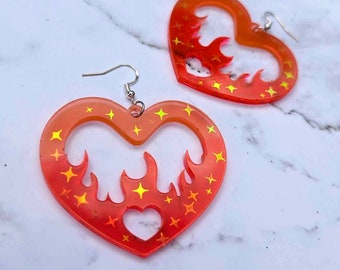 Burning Heart Resin Dangle Earrings, Funky Flame Design