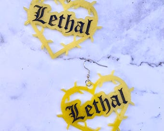 Lethal Barbed Wire Heart Earrings, Yellow Jewelry, Pastel Goth Accessories, Resin Earrings, Punk Accesories