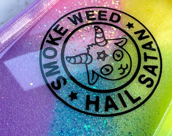 Smoke Weed Hail Satan Resin Rolling Tray, Pastel Glitter Rolling Tray, Stoner gifts, Smoking Accessories, Cannabis Gifts