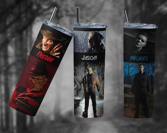 Horror, Freddy Kruger, Jason, Michael Myers. Halloween, Tumbler wrap, 20 oz straight or tapered wrap, 3 images on 1 tumbler