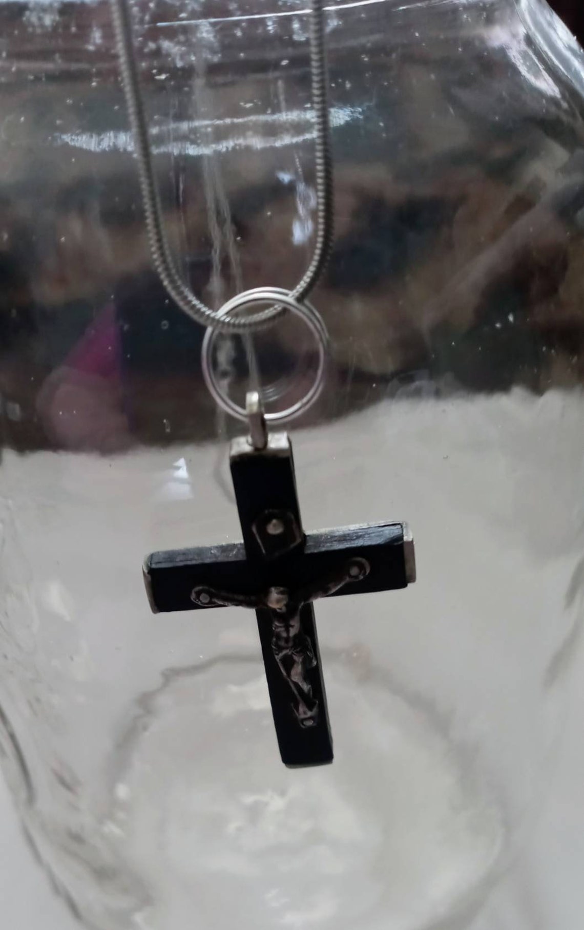 Black Cross Pendant Necklace Jesus on the Cross Upcycled 20 Etsy