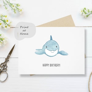 Dolphin Birthday Card - Cute Birthday Card, Gift for Diver, Greeting Card, Instant Download Card, Printable Birthday Card