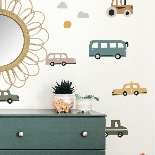 Pastel Vehicle Wall Decals, Modern Construction Wall Decals, Car Wall Decals, Transportation Decals, Village, Tractor, Bus, Car Wall Decal