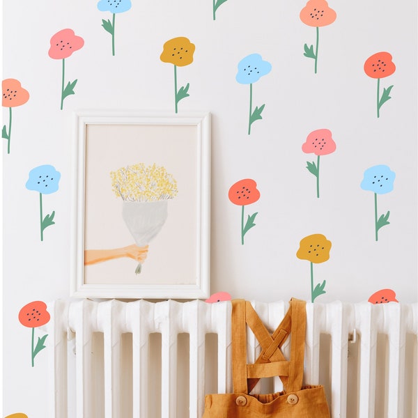 Poppy Flower Wall Decals, Pink Floral Wall Decals, Rainbow Flower, Boho Nursery,  Flower Wall Decals, Girls Nursery, Baby Girl Nursery