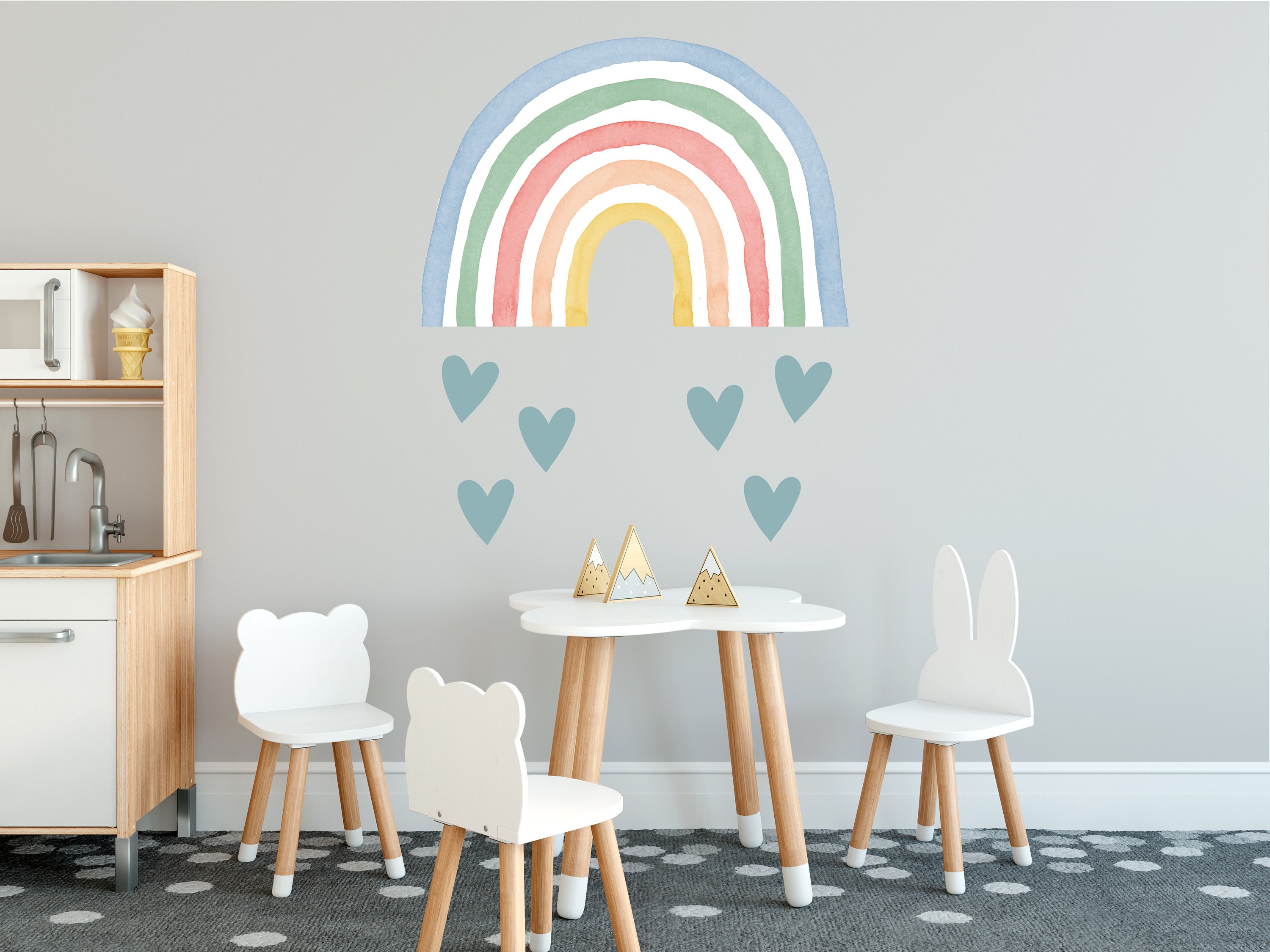 Watercolor Rainbow Wall Decal - 15.7x35.4 Inch, Removable, With Sun, Clouds, Stars, Hearts, Butterflies For Kids Room