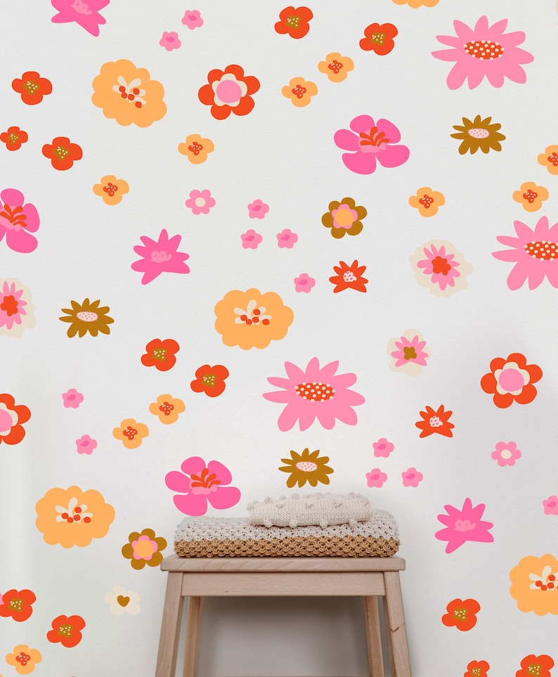Retro Boho Flower Wall Decals, Retro Floral Decals, Retro Flower, Boho ...