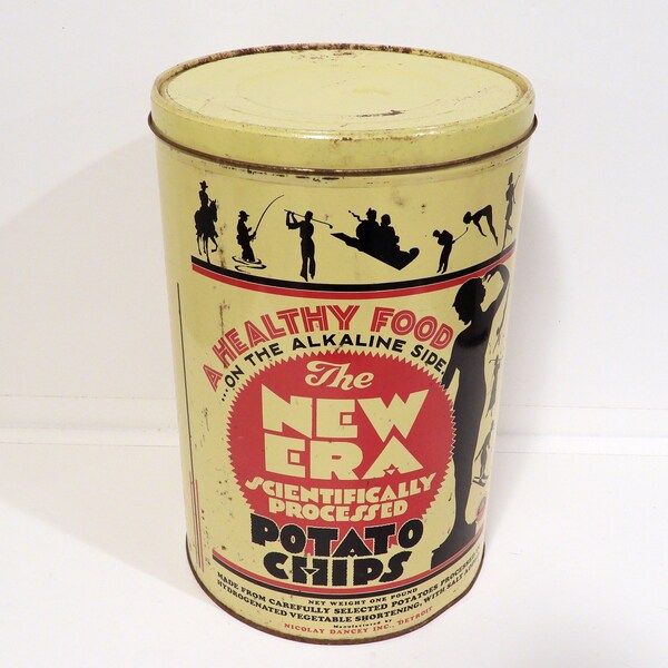 1950s New Era Potato Chips  One Pound Tin,  Nicolay Dancey, Detroit MI