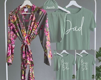 Sage shirts matching sage baby blanket girl boy Maternity delivery gown robe and swaddle set Mommy and me outfits for baby shower gift