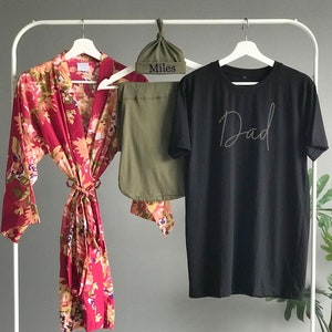 Cute baby shower gift, labor and delivery robe and swaddle set boy with personalized baby hat and matching dad shirt for hospital stay.