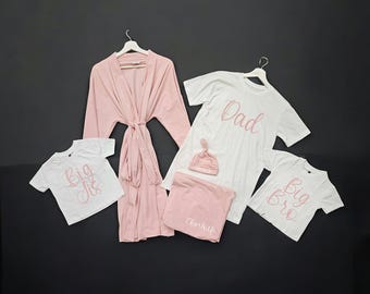 Mom dad baby hospital outfit & Matching family shirts, Maternity Robe and Swaddle Set Girl for labor and delivery, with Personalized hat.