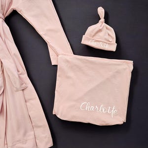 Matching Family Hospital Outfit: Maternity Robe, Swaddle Set & Personalized Hat image 7