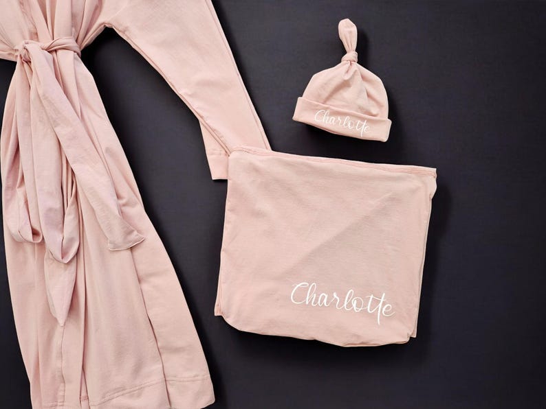 Matching Family Hospital Outfit: Maternity Robe, Swaddle Set & Personalized Hat image 7