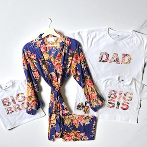 Matching Floral Robe, Swaddle, Bow & Dad Shirt Set: Cotton Family Outfits