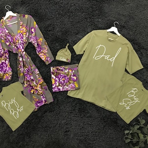 Maternity labor delivery gown robe and swaddle set girl outfits with baby blanket Olive sage Matching dad shirt for Mommy and me outfits