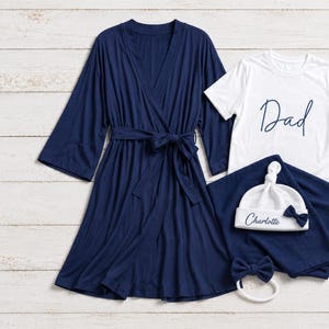 Blue Maternity dress with matching Dad Shirt set. Gender reveal. Pregnancy announcement.