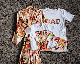 Bata premamá floral, conjunto a juego para mamá e hija, camisa para papá, gorro personalizado.