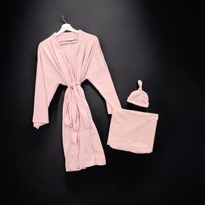 Matching Family Hospital Outfit: Maternity Robe, Swaddle Set & Personalized Hat image 11