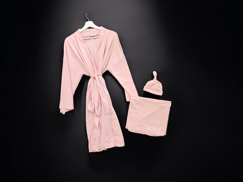 Matching Family Hospital Outfit: Maternity Robe, Swaddle Set & Personalized Hat image 11