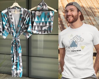 Maternity robe and swaddle set. Mommy and me robe and swaddle set. Mountain forest bear pattern. Papa bear matching t-shirt. Baby shower.