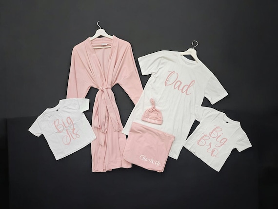 Matching Family Hospital Outfit: Maternity Robe, Swaddle Set & Personalized Hat