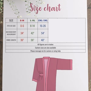 The image is a size chart for a robe, providing measurements and fitting information for different sizes.