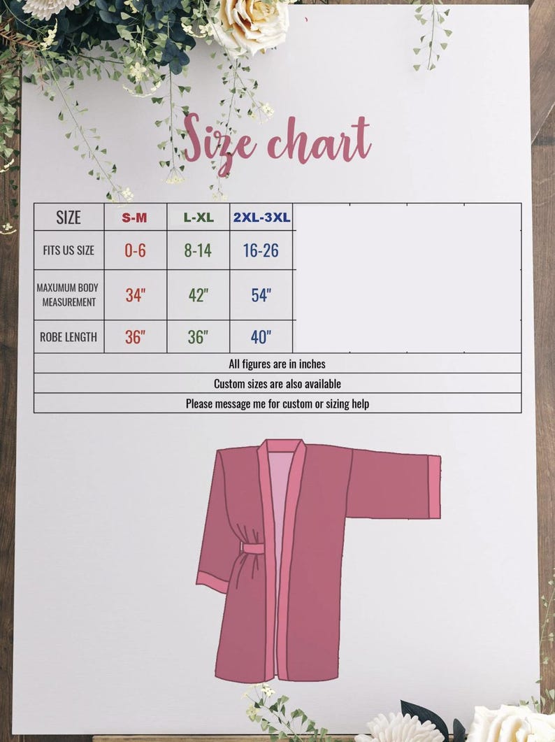 The image is a size chart for a robe, providing measurements and fitting information for different sizes.