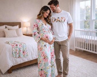 Pastell Blumen Baumwolle Kimono Robe und Dad Shirt. Passende Familien Outfits.
