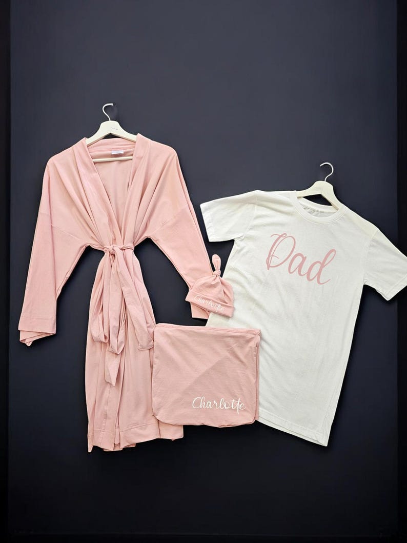 Matching Family Hospital Outfit: Maternity Robe, Swaddle Set & Personalized Hat image 5