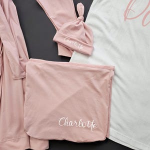 Matching Family Hospital Outfit: Maternity Robe, Swaddle Set & Personalized Hat image 8