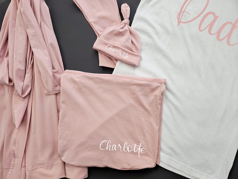 Matching Family Hospital Outfit: Maternity Robe, Swaddle Set & Personalized Hat image 8